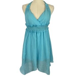 ⭐ 3/$15 Vintage Jordache Blue Crepe V Neck Halter Neck Backless Mini Dress